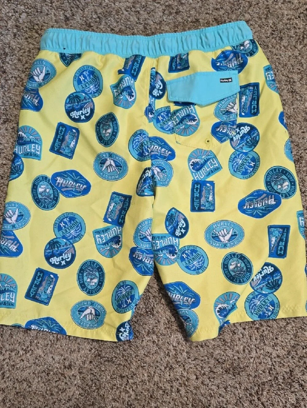 Hurley Yellow Swim Shorts with Aqua Waistband and Blue Logos